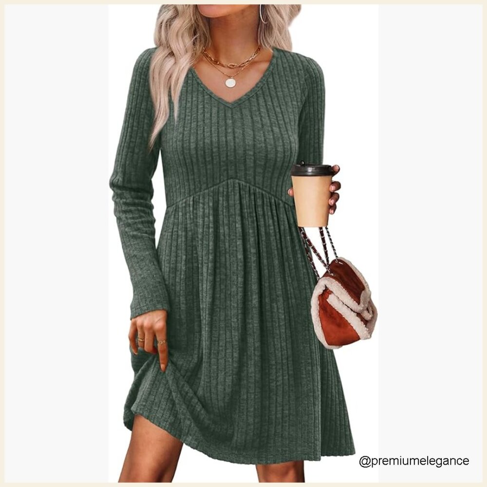 Long Sleeve V-Neck Empire Waist Sweater Dress with Pockets
